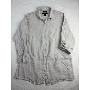 TAHARI Womens Size Small 100% Linen Button Up Tunic Shirt Split Side Light Gray